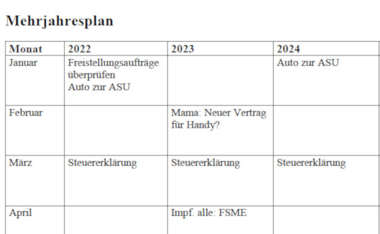 Mehrjahresplan-Tabelle mit Monaten 2022–2024 und Einträgen wie Steuererklärung und Auto zur ASU