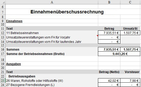Excel-Vorlage Einnahmeüberschussrechnung mit Betrag und Umsatzsteuer für Gewerbetreibende