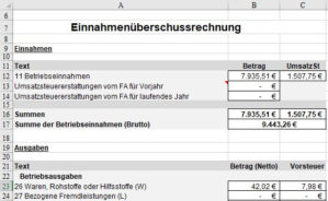 Excel-Tabelle Einnahmeüberschussrechnung mit Betrag und Umsatzsteuer für Gewerbetreibende