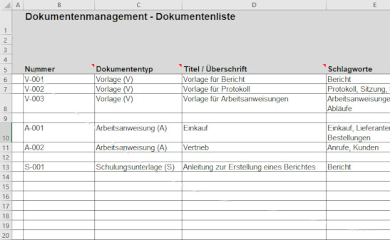 Dokumentenmanagement-Tabelle mit Dokumenttyp, Titel und Schlagworte