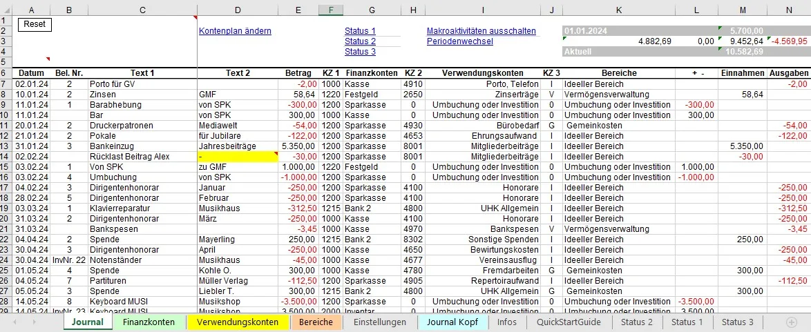 Finanzverwaltung für Verein mit Buchungen, Beträgen und Finanzkonten