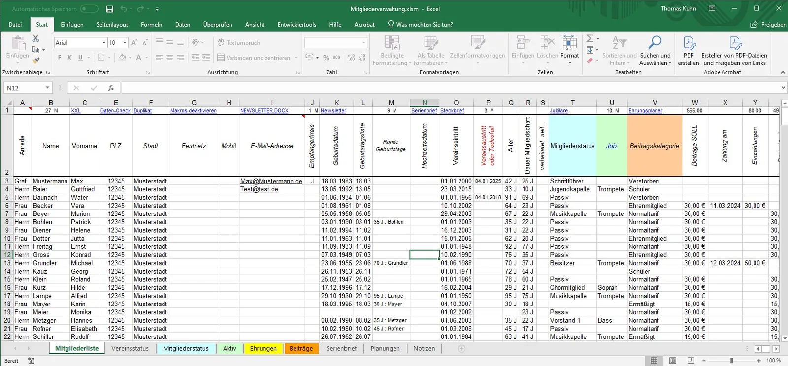 Mitgliederverwaltung mit Mitgliederdaten, Status und Beitragskategorien in Excel