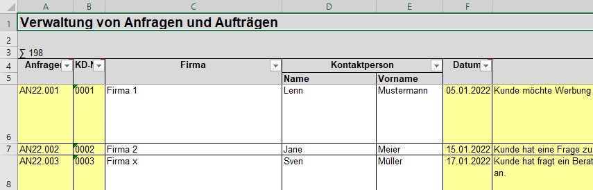 Kundendatenbank-Tabelle mit Anfragen, Firma und Kontaktperson