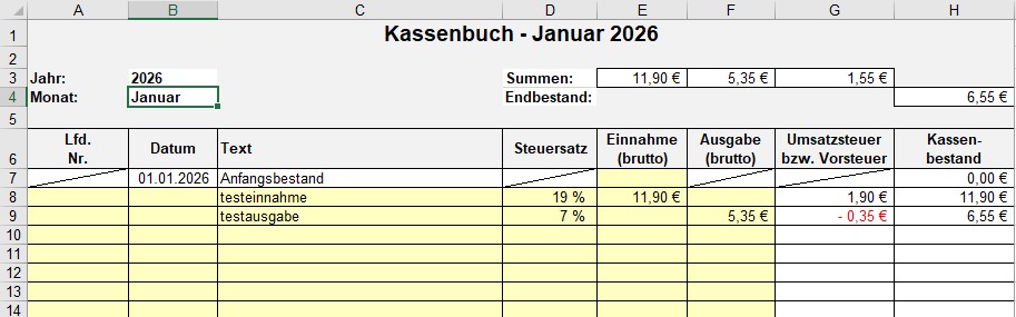 Kassenbuch 2026 Januar mit Einnahmen, Ausgaben, Umsatzsteuer und Kassenbestand