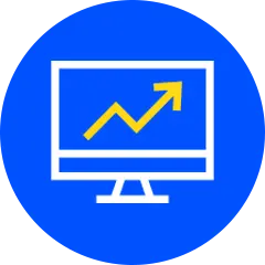 Blaues rundes Icon mit Monitor und gelber Aufwärtspfeil für Chart-Analyse