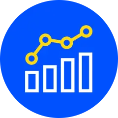 Blaues rundes Icon mit Balkendiagramm und gelber Aufwärtstrend-Linie