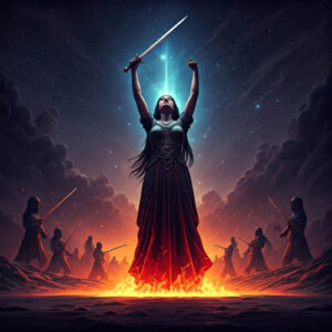 Ewig leben wir – Albumcover mit Kriegerin in dunklem Kleid, Schwert erhoben, mystische Beleuchtung, Flammen und Krieger im Hi