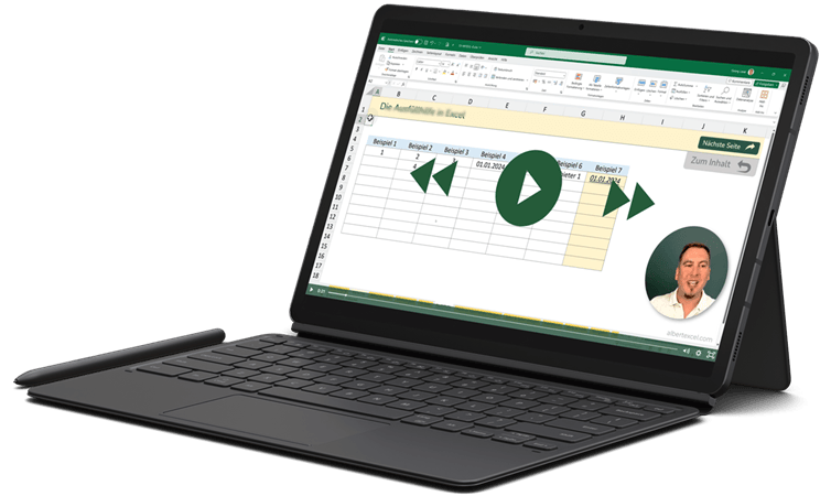 Excel Kreditrechner – Vorlage mit Tilgungsplan für Darlehen 6 Tablet mit Excel Kreditrechner und Videoanleitung-Player mit Play-Symbol und Moderator