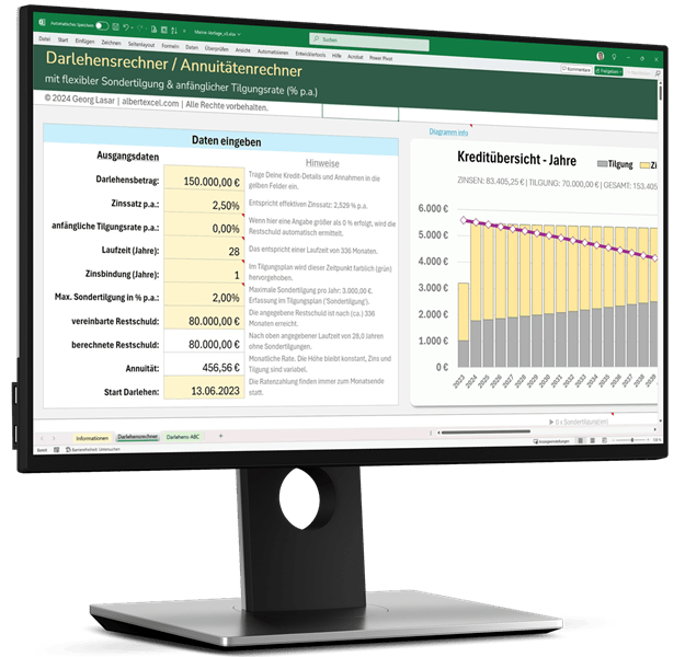 Excel Kreditrechner – Vorlage mit Tilgungsplan für Darlehen 3 Screenshot Excel Kreditrechner mit Eingabemaske, Tilgungsplan-Tabelle und Balkendiagramm zur Darlehensentwicklung
