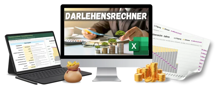 Excel Kreditrechner – Vorlage mit Tilgungsplan für Darlehen 7 Excel Kreditrechner Vorlage mit Darlehensrechner-Logo, Laptop, Monitor, Münzen und Diagramm