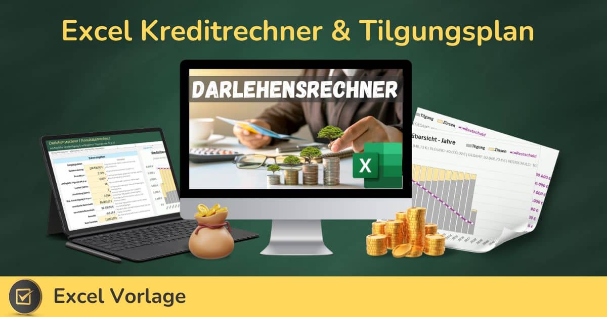 Excel Kreditrechner – Vorlage mit Tilgungsplan für Darlehen 1 Excel Kreditrechner & Tilgungsplan Vorlage mit Laptop, Monitor, Münzstapel und Diagrammen