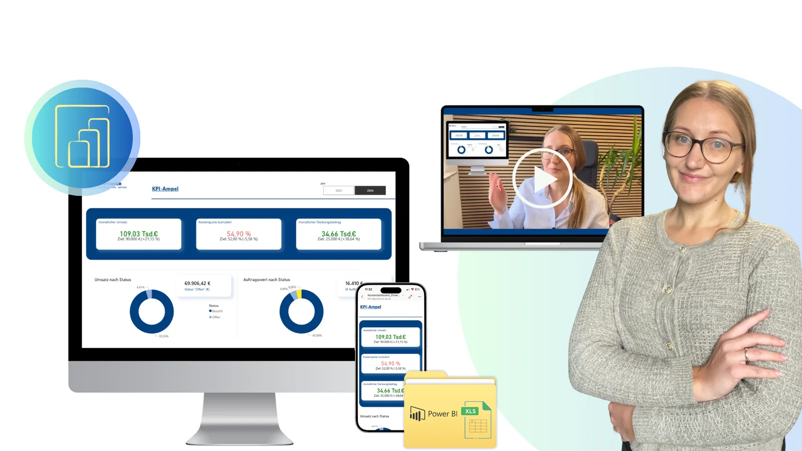 Excel Liquiditätsplanung – Tabellenvorlage für Cashflow 4 Frau mit Brille erklärt KPI-Ampel-Dashboard mit Laptop, Smartphone und Excel-Icon, Video-Standbild mit Play-Symbol