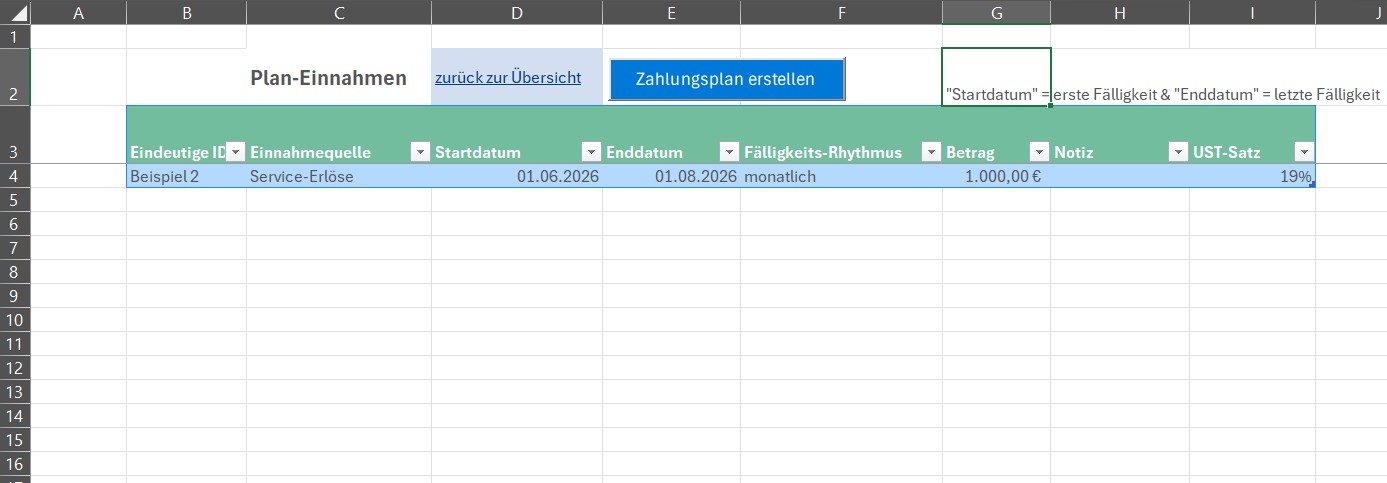 Excel Liquiditätsplanung – Tabellenvorlage für Cashflow 7 Excel-Tabelle Plan-Einnahmen mit Feldern für Einnahmequelle, Startdatum, Enddatum und Fälligkeits-Rhythmus