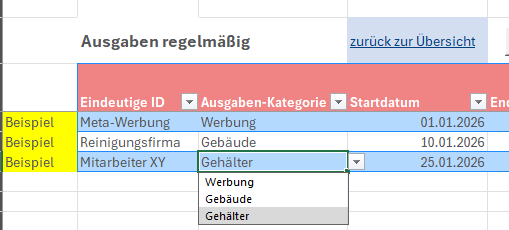 Excel Liquiditätsplanung – Tabellenvorlage für Cashflow 6 Excel-Tabelle Ausgaben regelmäßig mit Dropdown-Menü für Kategorieauswahl