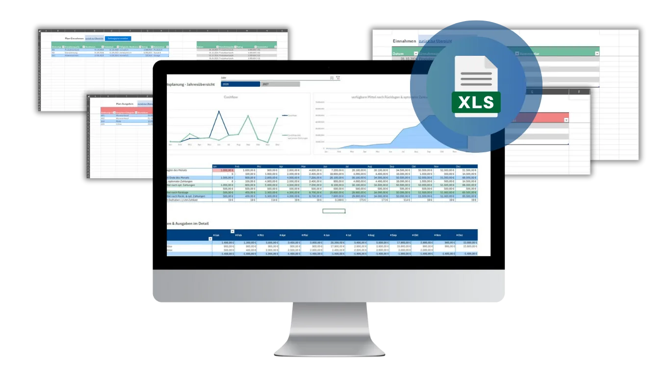 Excel Liquiditätsplanung – Tabellenvorlage für Cashflow 2 Screenshot Excel-Liquiditätsplanung mit grünen und blauen Farbblöcken, Diagrammen und Datentabellen auf Monitor