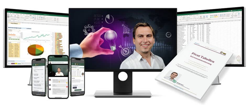 Hero-Mockup des Excel Pivot Tabellen Online Kurses 2 mit Monitor, Smartphones und Trainingsmaterial