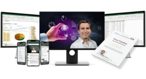 Hero-Mockup des Excel Pivot Tabellen Online Kurses mit Monitor, Smartphones und gedrucktem Material