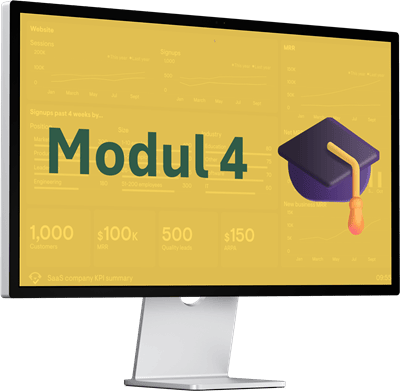 Monitor mit gelbem Hintergrund und Text "Modul 4" sowie Studentenhut-Symbol