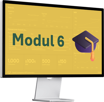 Monitor mit gelbem Hintergrund und Text "Modul 6" sowie Studentenhut-Symbol