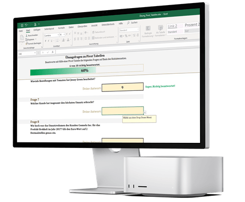 Desktop-Monitor mit Excel-Tabelle und Übungsaufgaben zum Kurs, Mockup eines Kursmoduls