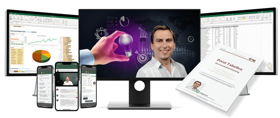Hero-Grafik mit Georg Lasar, Excel-Screenshots, Diagrammen, Smartphone und Kursunterlagen auf mehreren Monitoren