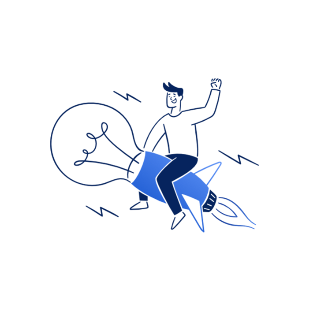 Illustration Gründer mit Glühbirne und Rakete symbolisiert Geschäftsstart