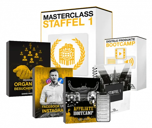 Experten-MasterClass – Webinar zur Leadgewinnung von Dawid Przybylski 1 Produktpaket der Experten-MasterClass Staffel 1 mit mehreren Boxen und digitalen Produkten von Dawid Przybylski