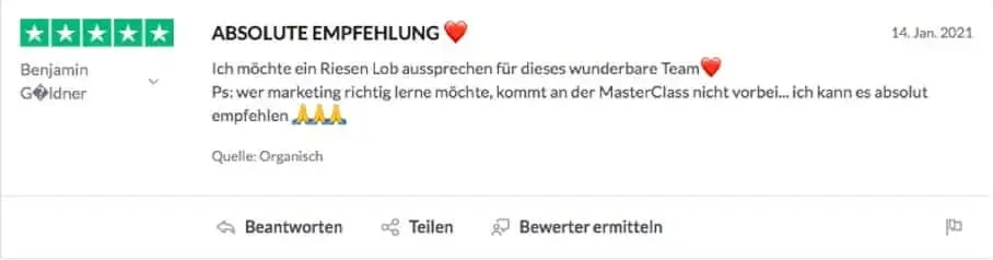 Experten-MasterClass – Webinar zur Leadgewinnung von Dawid Przybylski 16 Fünf-Sterne-Kundenbewertung von Benjamin Göldner über Finest Audience