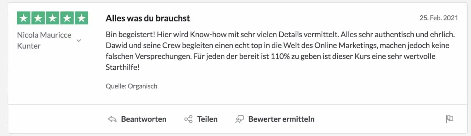 Experten-MasterClass – Webinar zur Leadgewinnung von Dawid Przybylski 13 Fünf-Sterne-Kundenbewertung von Nicola Maurice Kunter mit detailliertem Testimonial zum Kurs