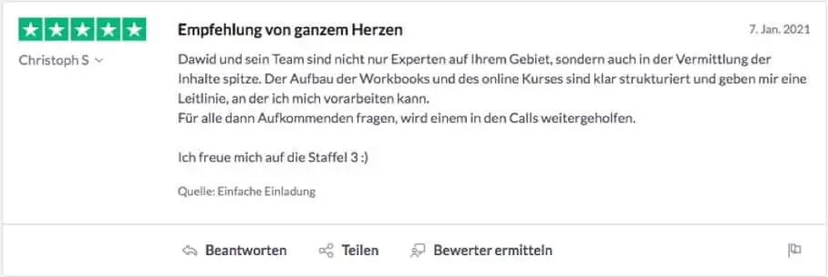 Experten-MasterClass – Webinar zur Leadgewinnung von Dawid Przybylski 14 Fünf-Sterne-Kundenbewertung von Christoph S über Finest Audience MasterClass