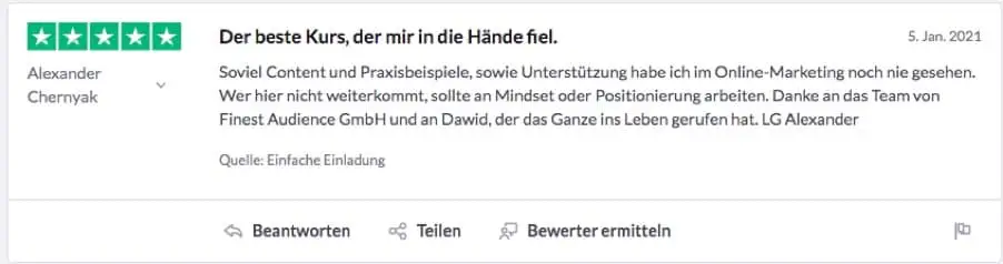 Experten-MasterClass – Webinar zur Leadgewinnung von Dawid Przybylski 15 Fünf-Sterne-Kundenbewertung von Alexander Chernyak über Finest Audience