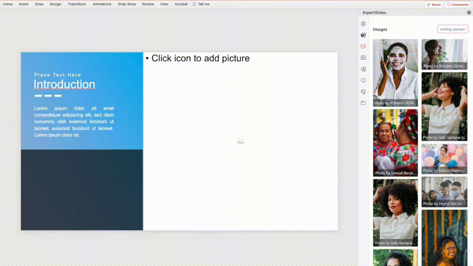 ExpertSlides Folie mit Introduction Section und Bildplatzhalter sowie Icon-Bibliothek