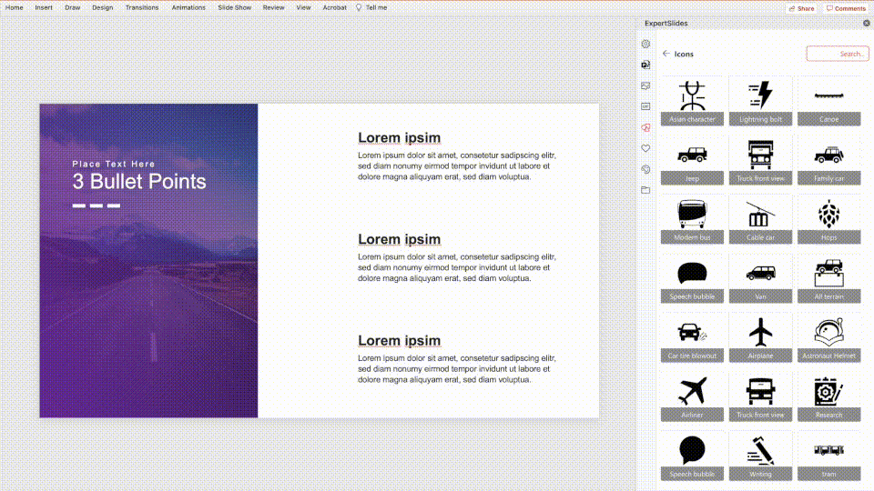 ExpertSlides Folie mit 3 Bullet Points und Icons-Sammlung zur Visualisierung