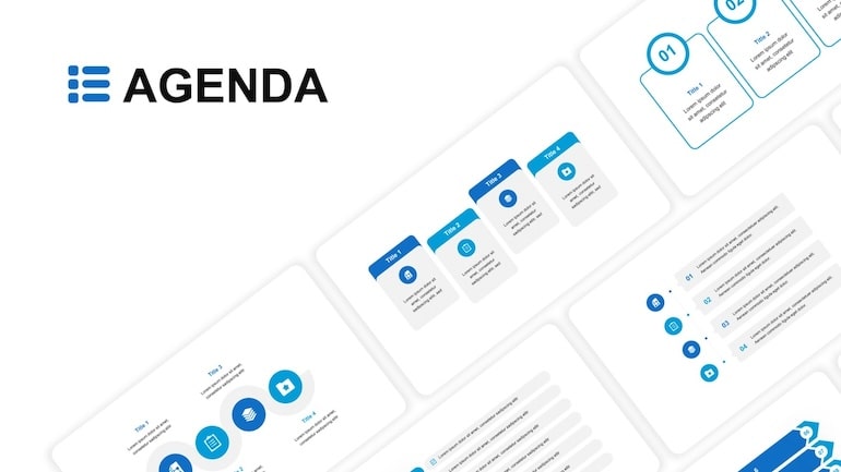 Agenda PowerPoint Folien mit blauen Design-Elementen und verschiedene Agenda-Slide Variationen