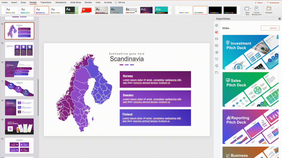 ExpertSlides Präsentation mit Scandinavia Map Template und Design-Tools zur Bearbeitung