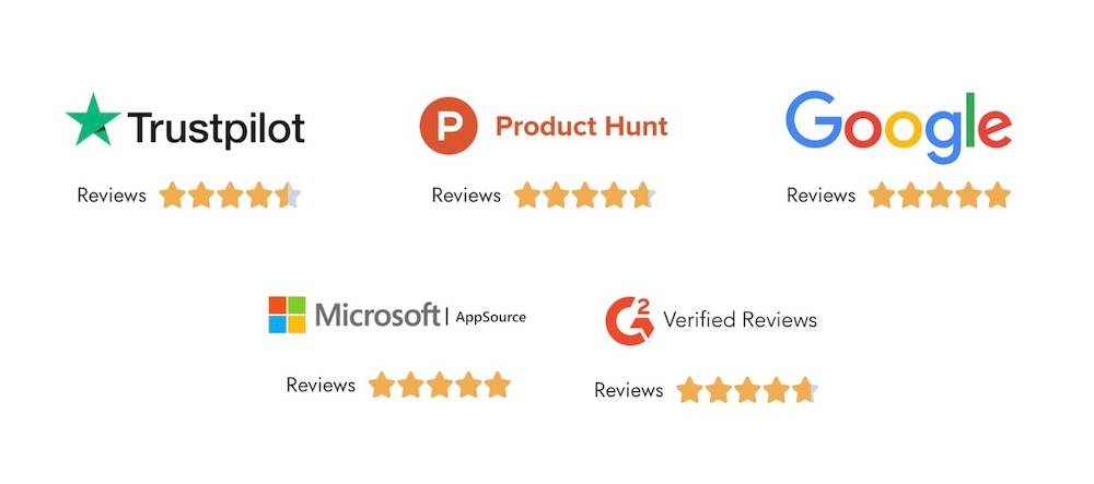 Bewertungen von Trustpilot, Product Hunt, Google, Microsoft AppSource und Verified Reviews mit Sternen