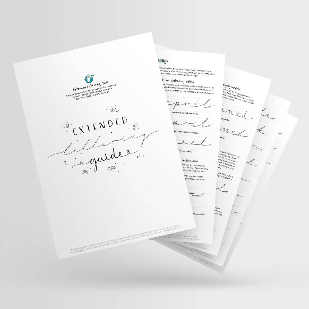 Extended Lettering Guide – E-Book zu breiten Schriftzügen 5 Extended Lettering Guide als Ringbuch-Mockup mit mehreren aufgefächerten Seiten