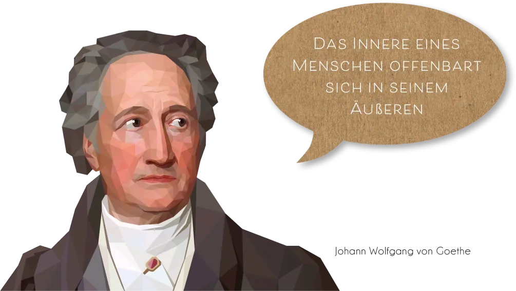 Face Master – Videokurs zum Gesichtlesen von Maxim Mankevich 3 Illustration Johann Wolfgang von Goethe mit Sprechblase und Zitat