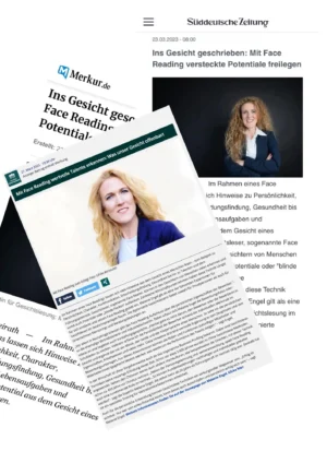 Collage aus mehreren Pressartikeln zum Face Reading mit Logos von Merkur.de und anderen Publikationen