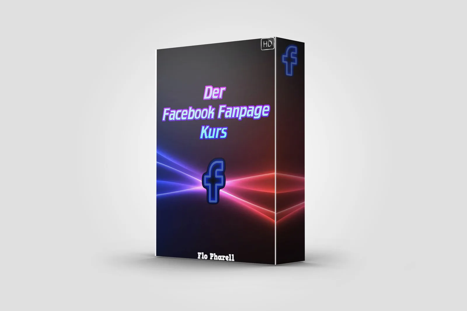 Der Facebook Fanpage Kurs - Produktbox 3D-Ansicht mit HD-Label, Neon-Effekten, Facebook-Symbol und Autor Flo Pharell