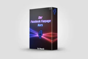Der Facebook Fanpage Kurs - Produktbox mit HD-Label, neonblauen und pinken Farbeffekten, Facebook-Symbol und Autor Flo Pharel