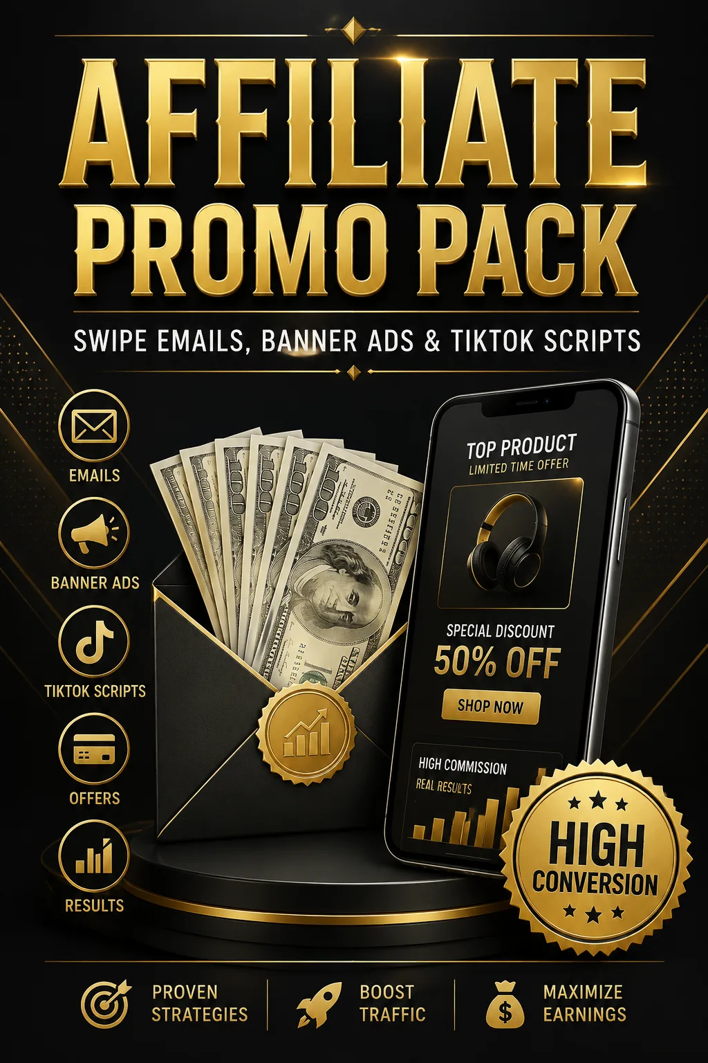 Affiliate Promo Pack Cover in Schwarz-Gold mit Smartphone, Geldscheine, Medaille und Marketing-Icons