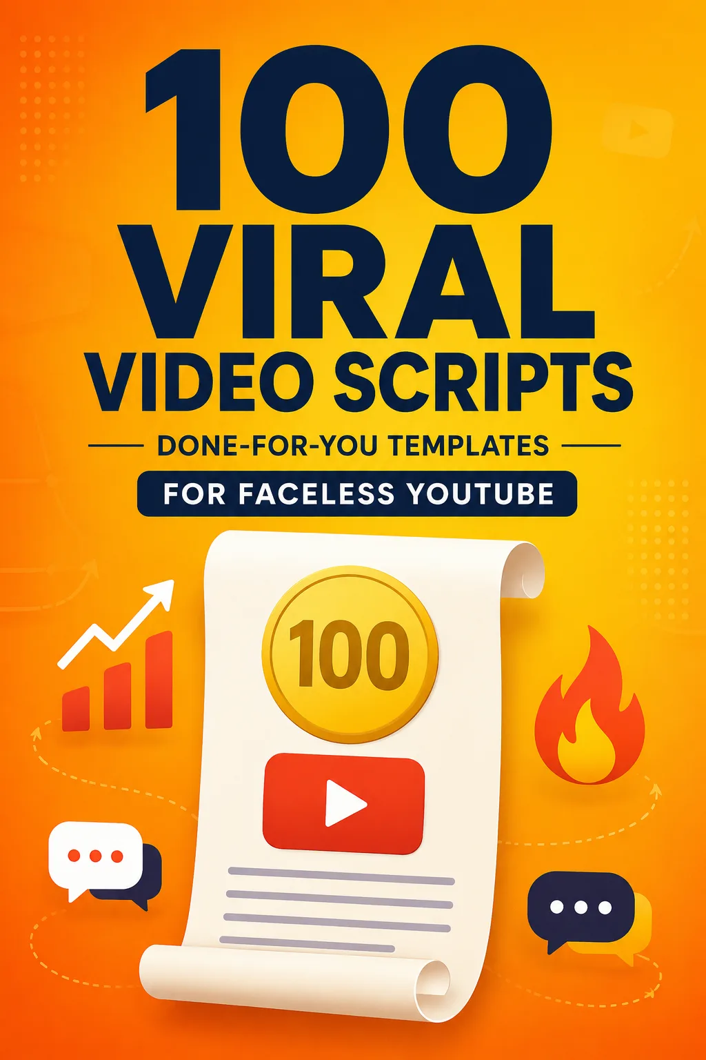 100 Viral Video Scripts Cover in Orange-Gelb-Gradient mit Schriftrolle, Gold-Münze und Feuer-Icon