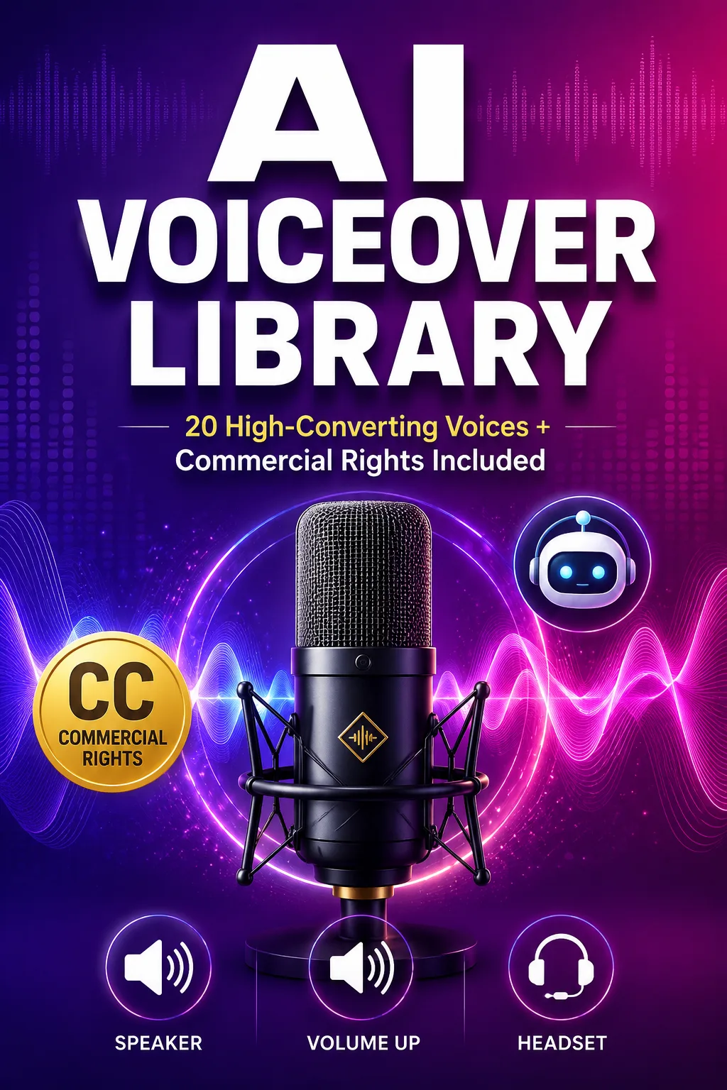 AI Voiceover Library Cover mit Studiomikrofon, Soundwellen, Robot-Icon und Commercial Rights Badge