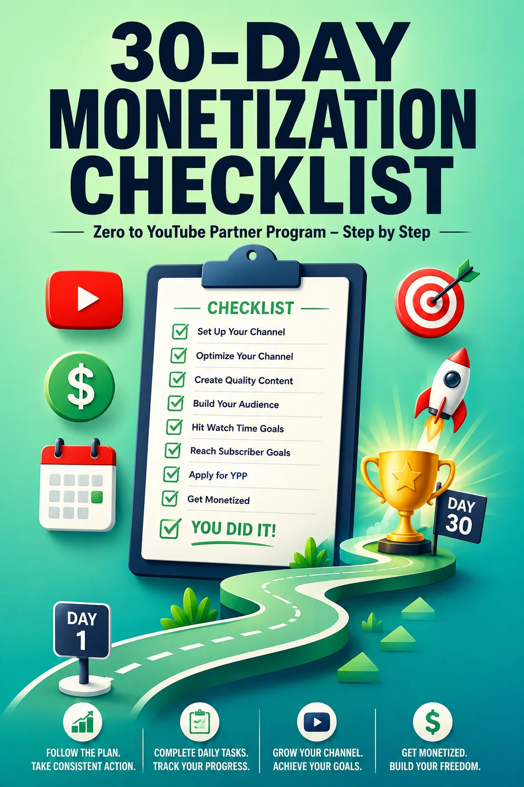 30-Day Monetization Checklist Cover in Mint-Grün mit Clipboard, Rocket, Trophy und Roadmap-Grafik