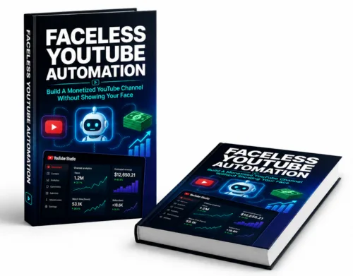 Faceless YouTube Automation E-Book Mockup in 3D mit aufgeschlagenem Buch und Tablet-Ansicht