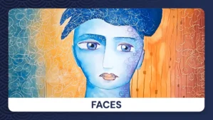Hero-Image für FACES Malkurs mit stilisiertem Frauengesicht in Blau- und Orangetönen auf gemustertem Hintergrund