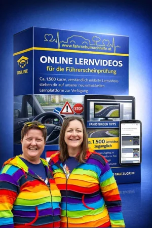 Produktbox und Mockup für Online Lernvideos zur Führerscheinprüfung mit zwei Personen in Regenbogen-Jacken