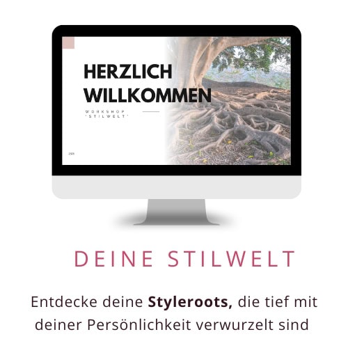 Farbe – Live-Workshop zur Farbberatung 7 Monitor-Mockup Workshop Stilwelt mit Naturlandschaft und Styleroots-Text