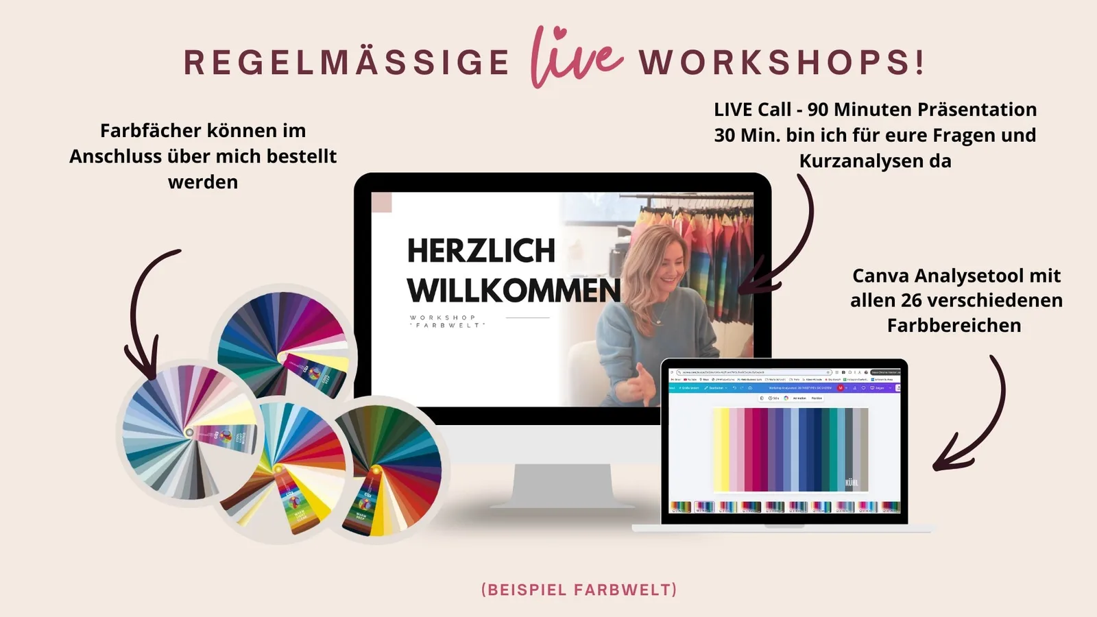 Farbe – Live-Workshop zur Farbberatung 1 Infografik zu regelmäßigen Live Workshops mit Farbfächern, Laptop-Mockup und Canva-Analysetool